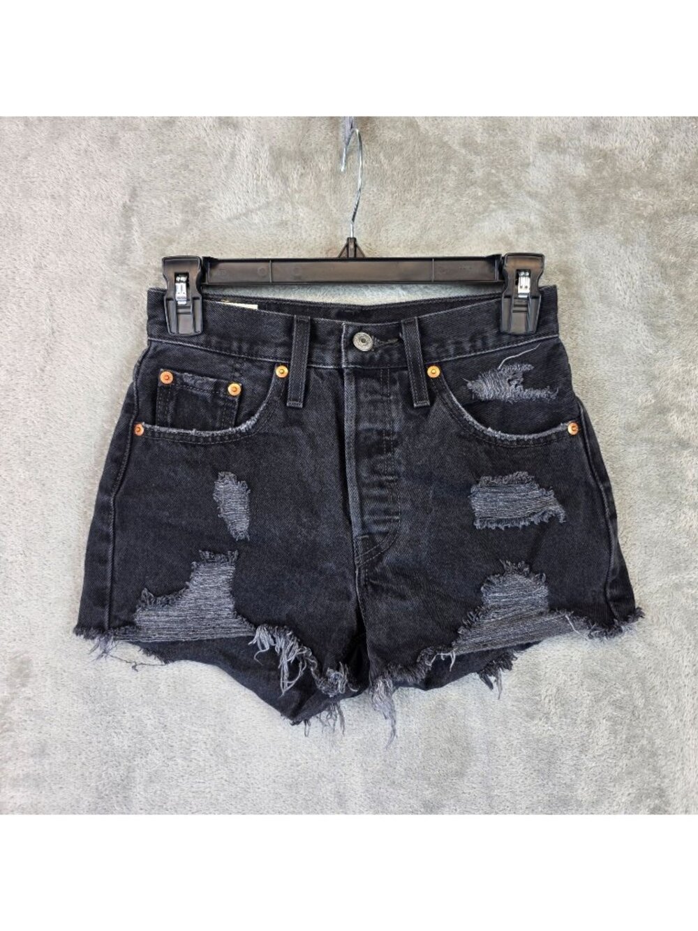 Levis 501 Premium Shorts Womens W24 Black Denim Distressed Cutoff Frayed Hem